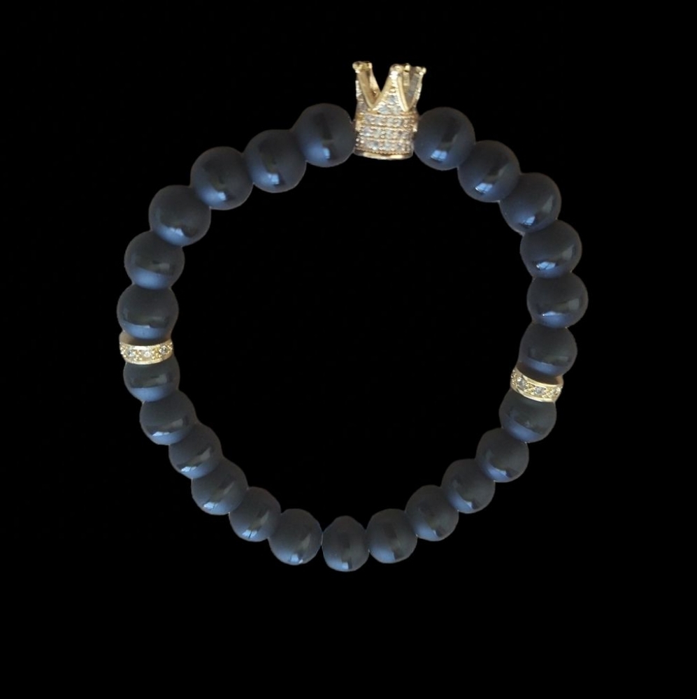 King Crown Matte Black Onyx and Rhinestone Bracelet-Gold